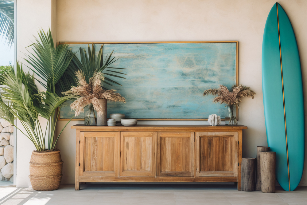 Un rincón tropical con un mueble de madera, plantas exóticas, una tabla de surf azul y decoración en mimbre que evocan un ambiente relajante y fresco inspirado en la naturaleza.